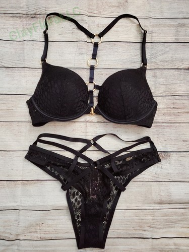 Victoria's Secret Muy Sexy Push Up Sujetador Set Serpiente Encaje Brasileño Pantias Negro - Imagen 2 de 10
