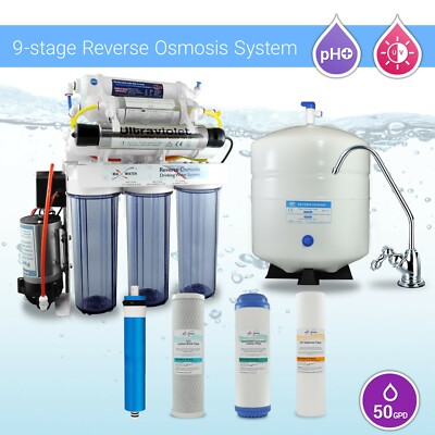 9 Stage UV, PH Alkaline, Mineral 50GPD Home Reverse Osmosis System +Booster Pump