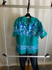 VTG Kalena Fashion Hawaii Green Bleu Poly Floral SHORT SLEEVE BUTTON UP SHIRT L