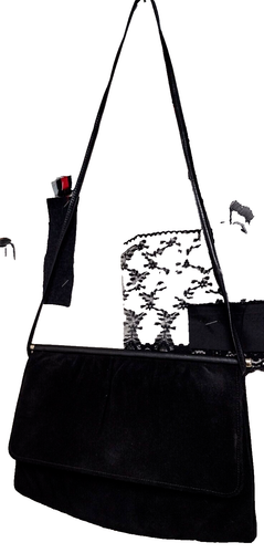 Vintage Black Leather Shoulder Bag Disco Style Purse Suede Crossbody Long Strap