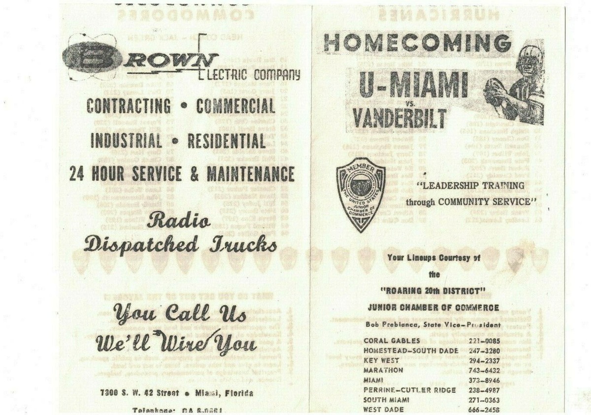 Miami Hurricanes v Vanderbilt Commodores November 20 1964 Roster Booklet