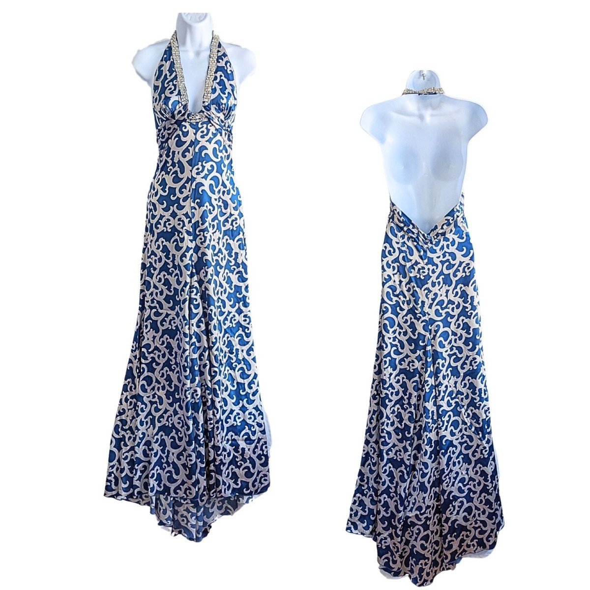 NWT Vtg Y2K BEBE Royal Blue & Silver Satin Rhinestone Halter Maxi Prom Gown  Sz S