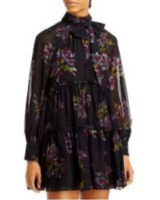 Cinq à Sept Revina Floral Print Mini Dress Black Size 0 Mock-neck Bow Key-hole