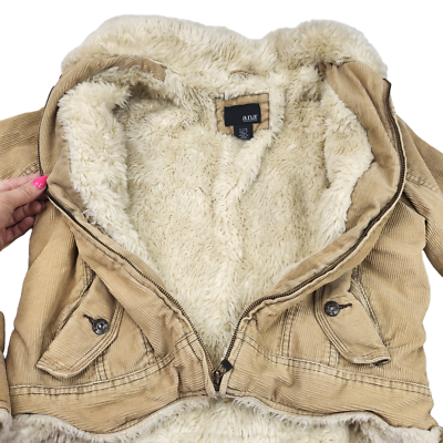 Tan Corduroy Jacket Womens Small Faux Fur Lined Full Zip