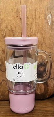 ELLO Sip It Good Hot & Cold Glass Drinking Cup w/ Handle & Straw - Purple - NEW