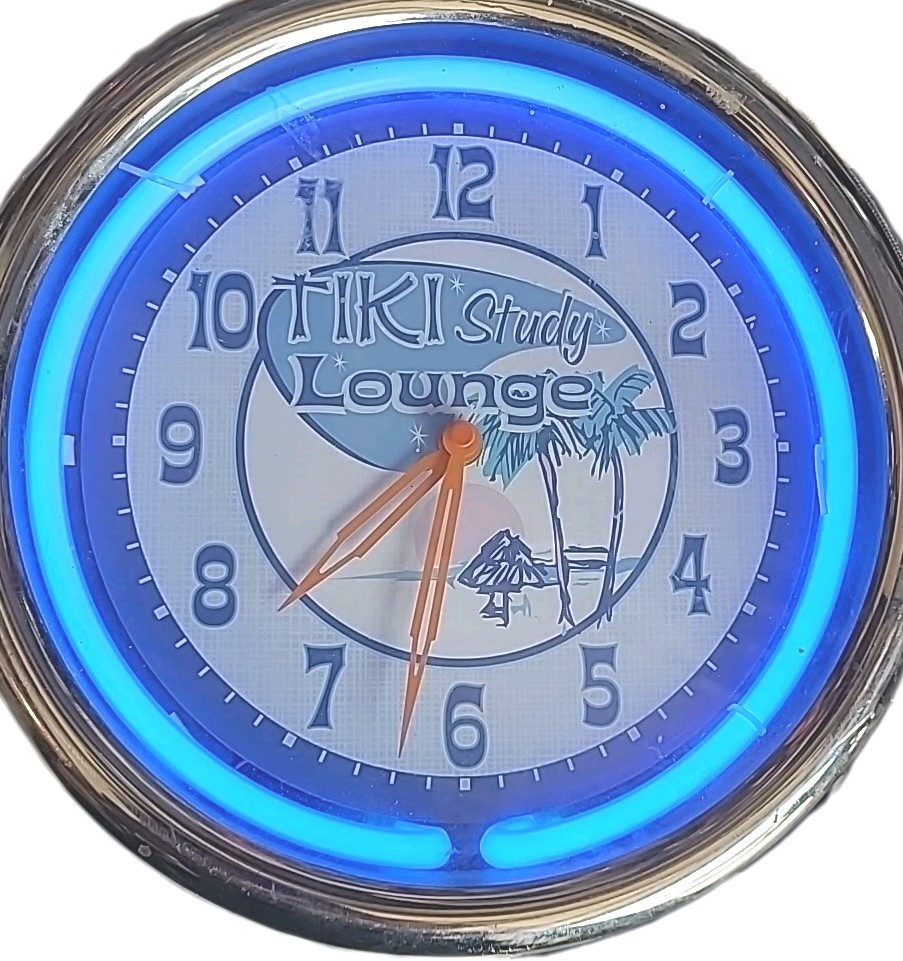 Tiki Study Lounge Neon Blue Lighted 12" Wall Clock for Bar Man Cave Power Cord