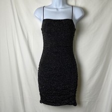 Polly Black Ruched Glitter Mini Dress Spaghetti Straps Womens Size 0 Fairy Goth