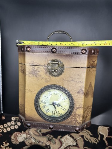 Vintage Rustic Colonial Style Leather Bound Clock Box 7in X 8in 8in Depth Works - Picture 13 of 18