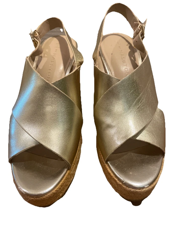 H by Halston Gold Leather Stella Slingback Wedge Sandal 7 1/2M - Image 2 of 4