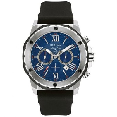 Bulova Marine Star 98B258 Blue Dial Black Rubber Strap Quartz Men's 44mm Watch