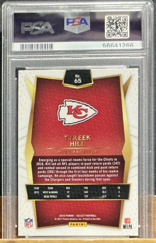🔥2016 Panini Select Tyreek Hill PSA 10 #65 (RC)🔥 view 3