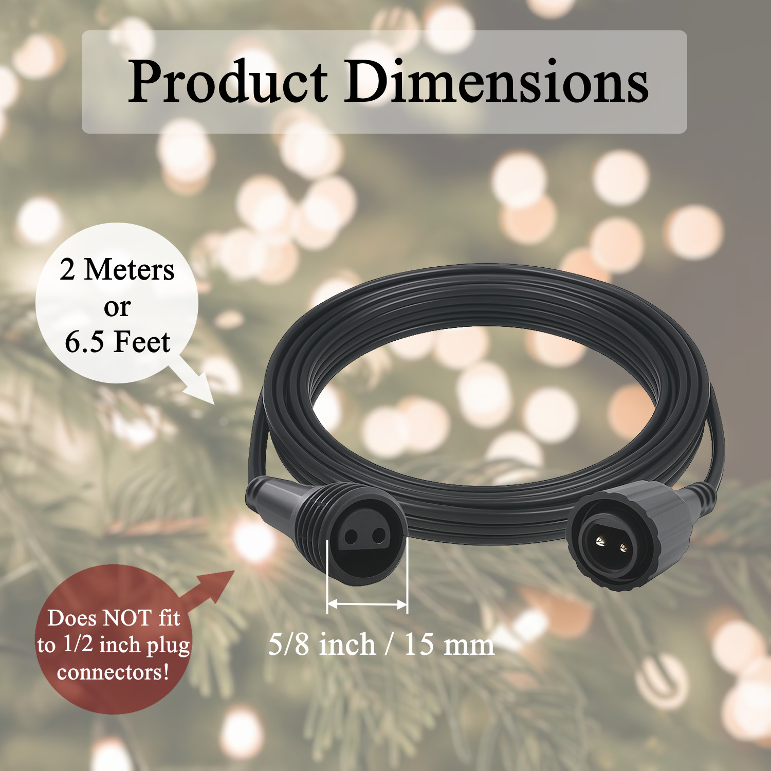 Extension Cord 6.5 Ft with 5/8 inch Plug Connectors for LED Christmas Lights