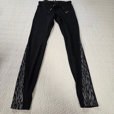 Nike Dri-FIT Womens Running Leggings Black Graphic Side Panel Size Medium