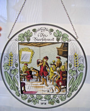 Fensterbild Hinterglasmalerei Bleiverglasung rund „Der Bierschenk"  Sammlerstück