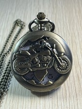 Motorcycle Pocket Watch Quartz Bronze Tone Open Face w/ Chain Raised Bike W15