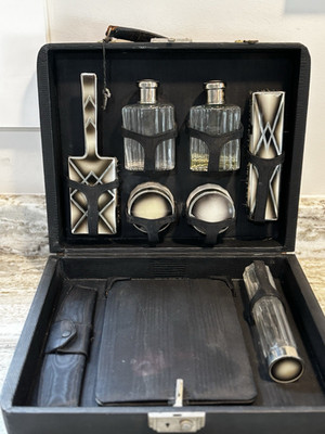 Vintage Art Deco Men's Vanity Grooming Travel Set Black Case Glass Bottles