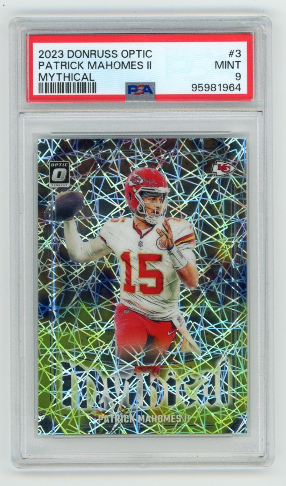 PSA 9 2023 PANINI DONRUSS OPTIC MYTHICAL PRIZM PATRICK MAHOMES CASE HIT SSP