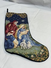 Wool Needlepoint Holly Family Nativity Scene Christmas Stocking Blue Velvet Back