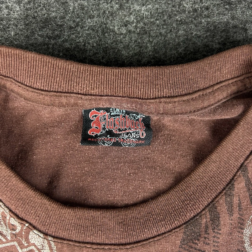 复古闪背牛仔裤衬衫男式棕色 M Motocross Grunge Cyber Y2K 图形 T 恤 00s — 第 4/4 张图片