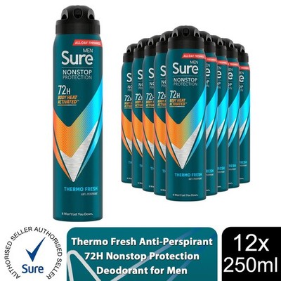 Sure Men Anti-Transpirant 72H Nonstop Protection Thermo Fresh Deodorant, 12x250ml