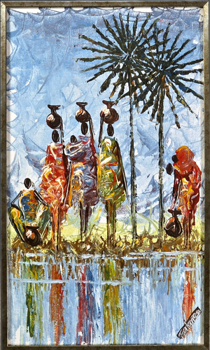 VTG Original Framed Painting on Canvas Board West African Women Fetching Water - Picture 3 of 8