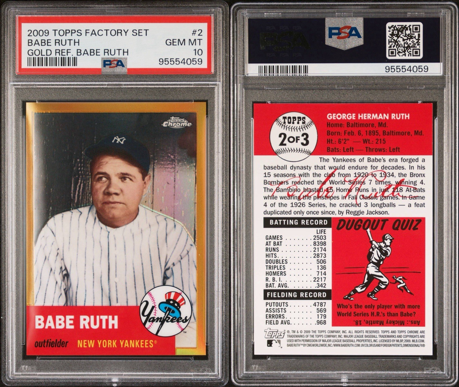 2009 TOPPS FACTORY SET GOLD REFRACTOR BABE RUTH #2 BABE RUTH CARD PSA 10 view 3