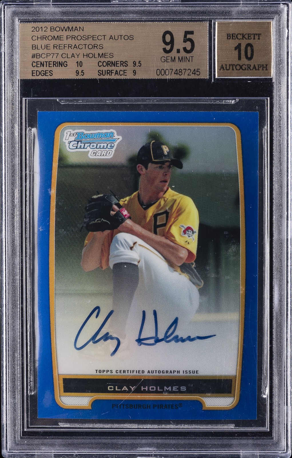 2012 BOWMAN PROSPECTS CHROME-BLUE REFRACTOR-AUTO CLAY HOLMES #/150 BGS 9.5