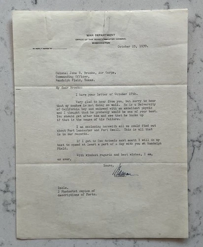 WW2 BRIGADIER GENERAL A. OWEN SEAMAN SIGNED LETTER TLS AUTOGRAPH 10/25/1939