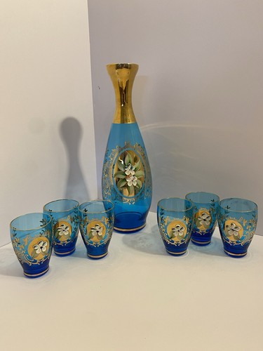 Vintage Hand Painted Art Glass Decanter with 6 Shot Glass Set