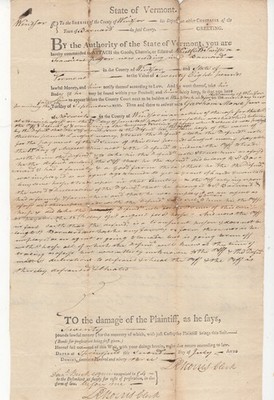 1793 VERMONT COURT WRIT SIGNED 2X -LEWIS RICHARD MORRIS FOUNDING FATHER OF VT.
