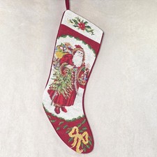 Vintage Needlepoint Christmas Stocking Santa Claus Velvet Back Red Wool Holiday