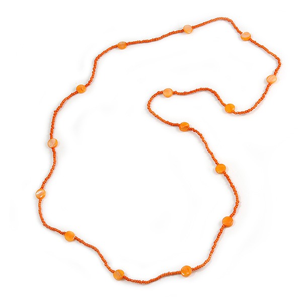 Delicate Orange Glass and Shell Bead Long Necklace - 110cm Long