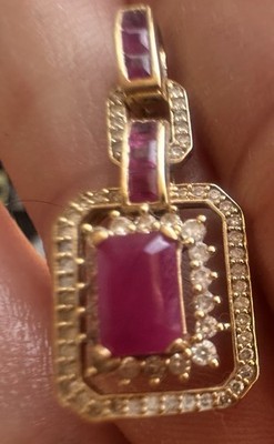 14k Yellow Gold Ruby Pendant with Diamond Halo, Statement Amulet, 1ct