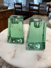 Pair Of Fire And Light Green Recycled Glass Candle Holders