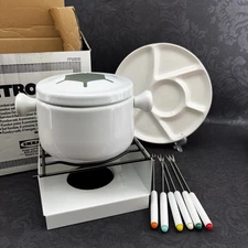 IKEA Metropol Fondue Set White Enamel Stand Pot 6 Ceramic Plates In Box