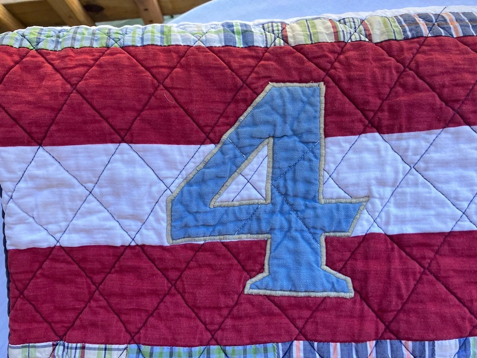 Pottery Barn Kids TWIN Nautical Quilt Red Stripe Madras Number Reversible  Read - Image 3 of 4