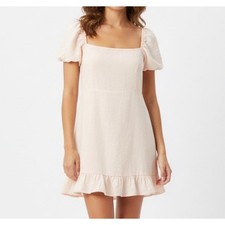 MOTEL URBAN OUTFITTERS Light Pink Twill PUFF SLEEVES Ruffle Mini A-Line Dress S