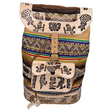 NEW PERU CUSCO WOMEN'S TEXTILE FABRIC EMBOSSED LEATHER BOHO BACKPACK BAG