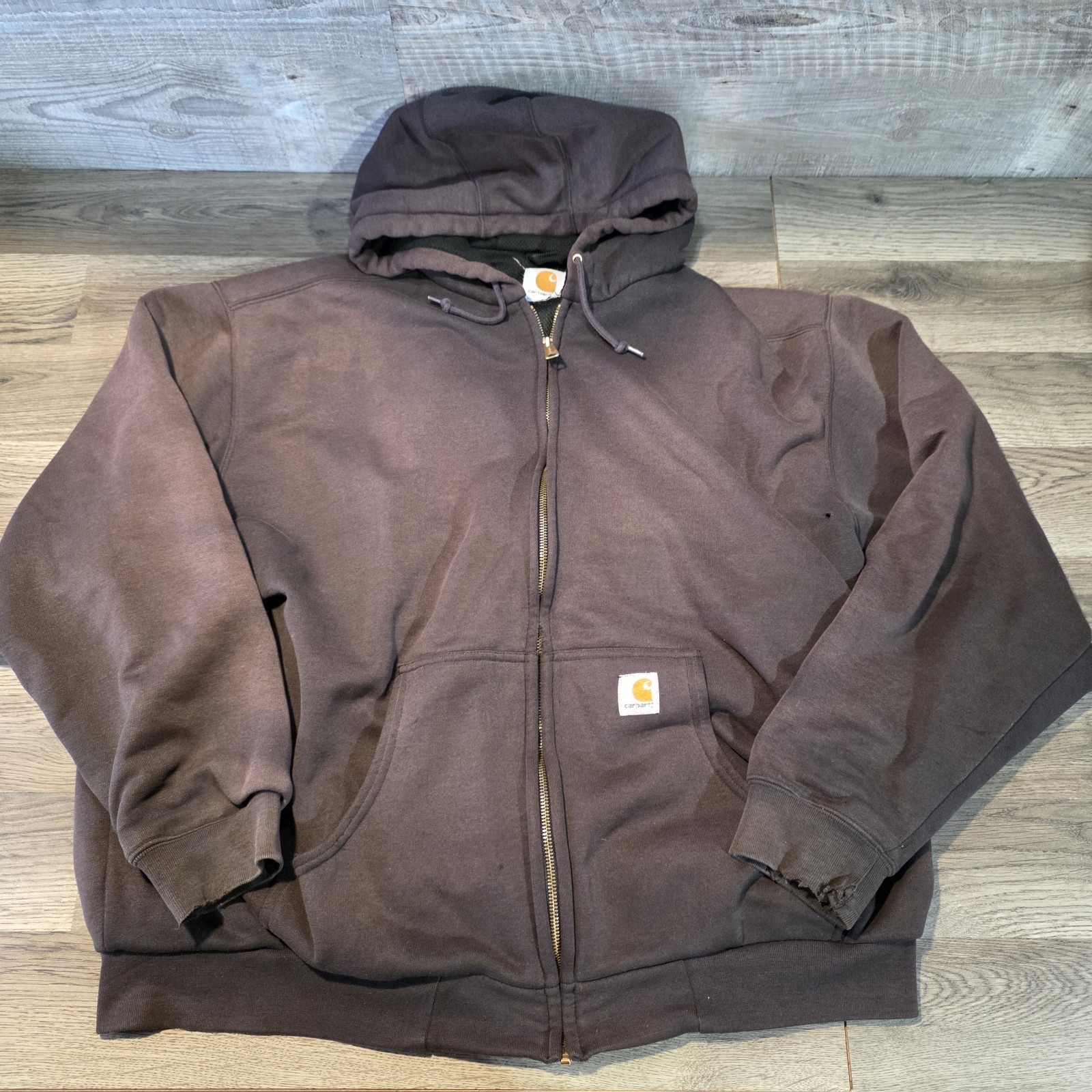 Distressed Carhartt Thermal Lined Hoodie Mens 2XL Brown Zip Hooded Sweatshirt