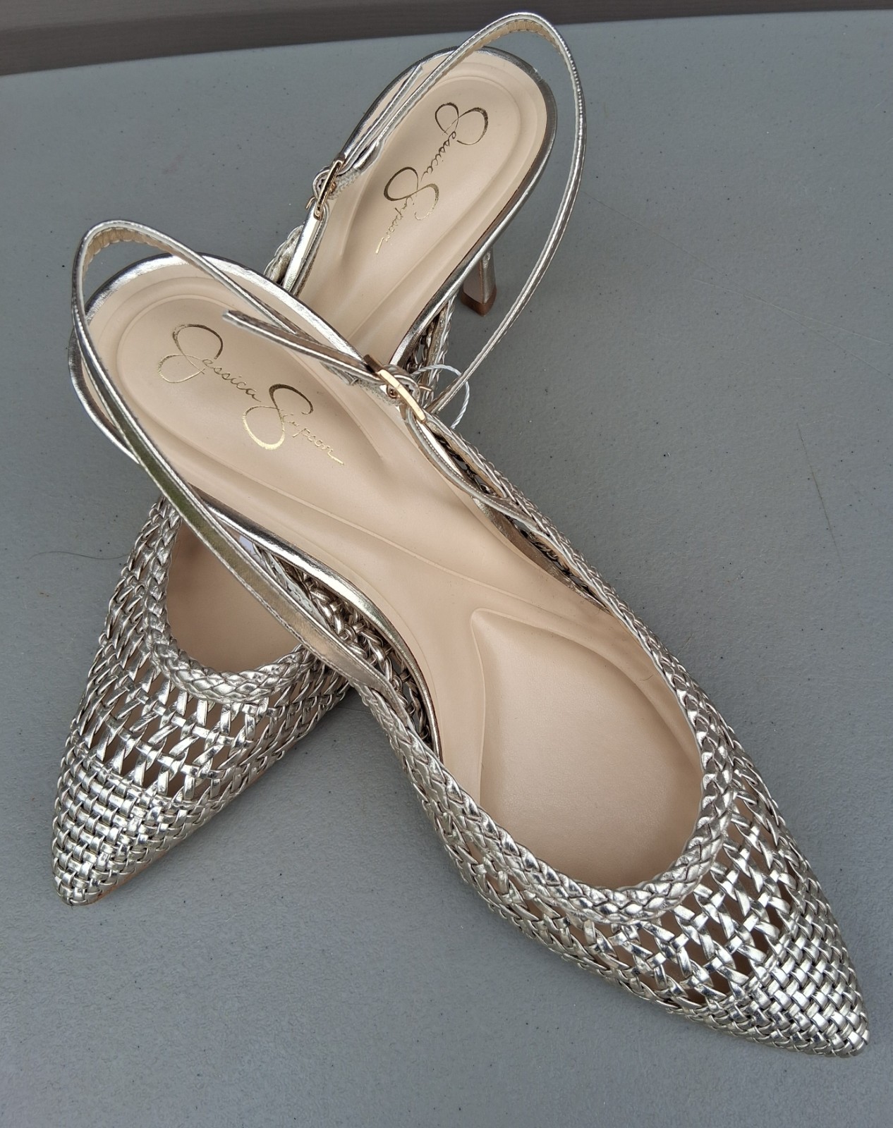 NEW JESSICA SIMPSON  Gold Woven Pointed-Toe Slingback Heels Women’s Size 9M READ