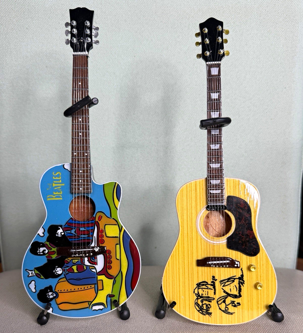 Axe Heaven Beatles Mini Guitar Lot of 2 Yellow Submarine Acoustic w/ Cases Stand