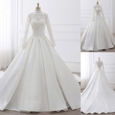 Satin Muslim Wedding Dresses Long Sleeve High Neck Lace Appliques Bridal Gowns