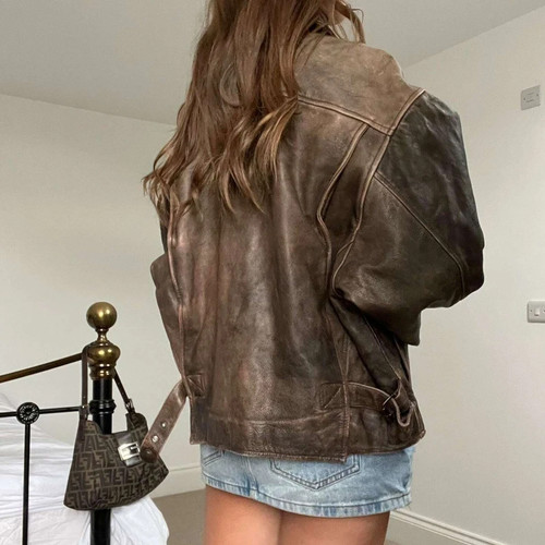 80s Oversize A2 Military Vintage Style Distressed Brown Real Leather Jacket - Picture 5 of 9