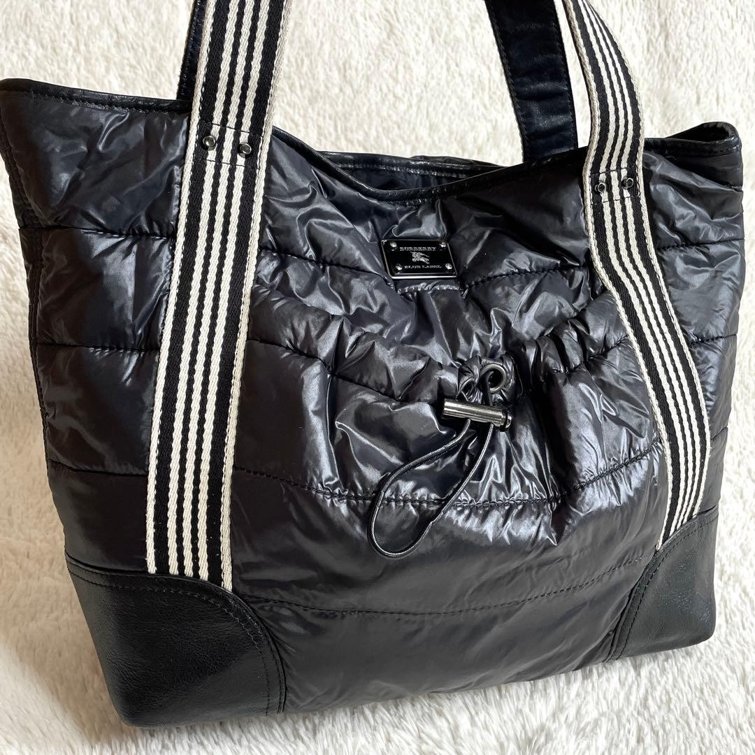 Burberry Blue Label Down Stripe Leather Large Tote Bag Black Handbag New thumbnail 6