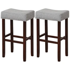 2PCS Bar Stools Bar Height Saddle Kitchen Chairs w/ Wooden Legs Gray