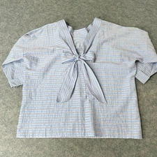 Maje Women's Striped Short Sleeve Blouse Top Blue Bow on Back Size EU 3/US Large