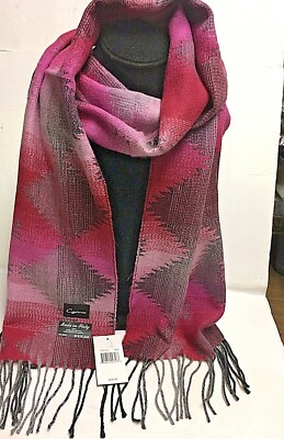 Women Cejon Scarf 100% Acrylic Magenta print  70'' X 11'' NWT with Fringe(Italy)