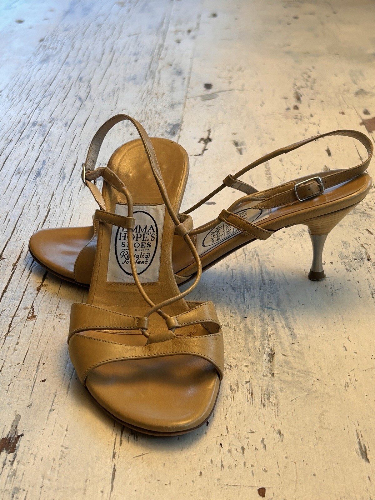 Emma Hope Camel Calfskin Slingbacks With Metal Kitten Heels Size 35/ US 4.5
