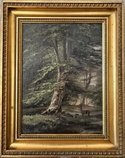 Impressionist Forest Landscape with Deer Oil Painting Antique c1900