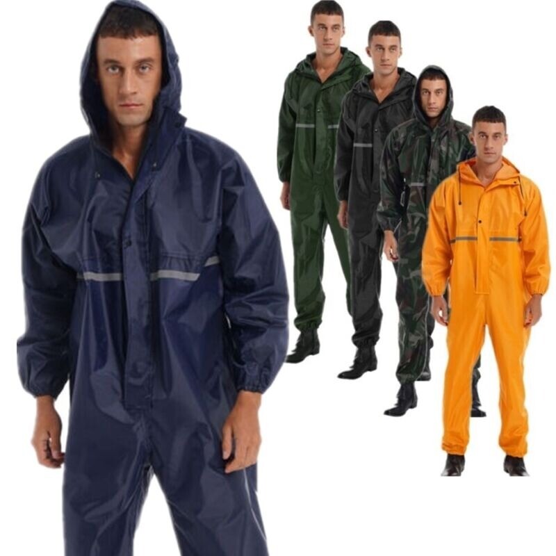Mens One Piece Raincoat Rainsuit Waterproof Hooded Jumpsuits Overalls  Coveralls